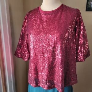 Umgee Red Sequin Blouse Bow Back Size Medium Effortless Elegance